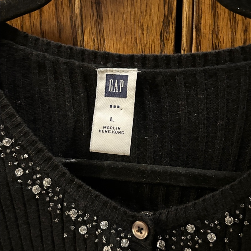 Vintage GAP Angora Henley Sweater‎ Womens Black Ribbed Beaded Cotton Wool Large - Picture 3 of 6